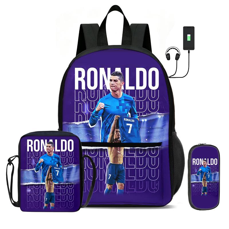 Learn, Travel Football Sport Rucksack Ronaldo 3 Pcs Set Kids Backpack Shoulder Bag, Pencil Bag, Football Star Knapsack