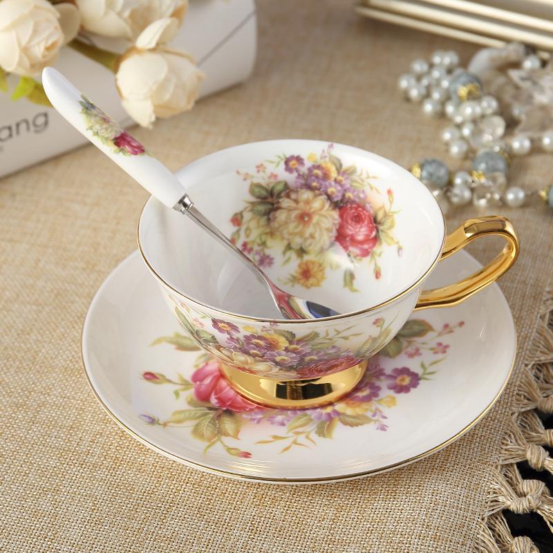 2025 Flowers Painting afternoon tea Coffee Cups Bone china Tea Cup and Saucer Spoon Set Advanced Porcelain Mug for Gifts