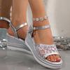Fashion Women's Fashion Silver Wedge Heel Sandals Summer Shiny Crystal Platform Sandals Woman Breathable Mesh Thick Sole Sandalias Mujer