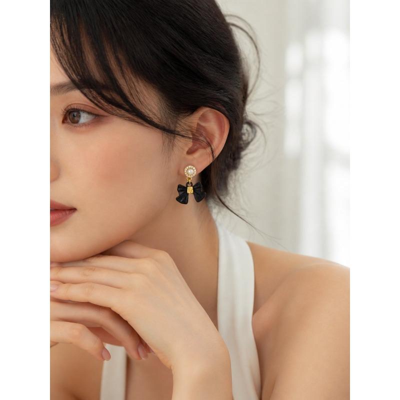 Black Bow Rhinestone 925 Silver Needle Luxury Vintage Drop Earrings For Women