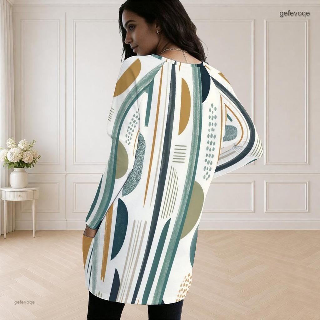Women Plus Size Round Neck Long Sleeve Pink Black Geometric Printed Loose Longline Top With Pockets