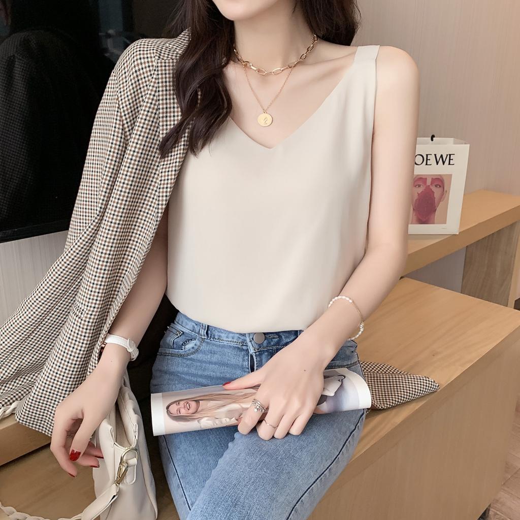 Women's Sleeveless Tank Top V Neck Fresh Sweet Camisole Solid Color Chiffon Backless Casual Summer Layering Blouse