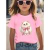 European Sizes Girls' Casual Short Sleeve  T-Shirt - Soft Stretchy Round Neck Tee with Adorable White Kitten & Pink Bow Print, Spring Summer