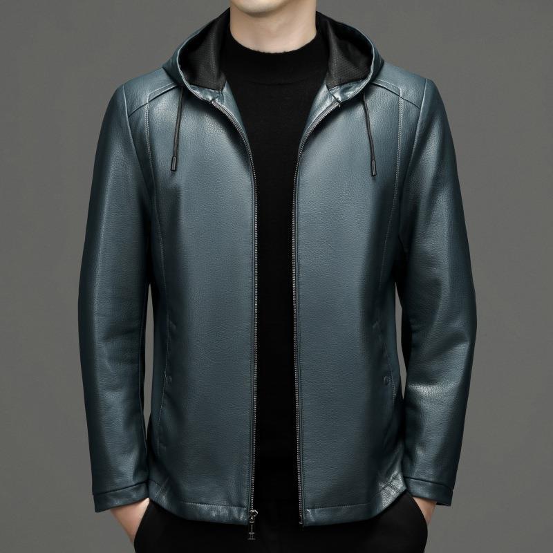 Leather Jacket Men's Handsome Hooded Casual Leather Jacket Middle-aged Dad Autumn and Winter Sheepskin Men's Jacket