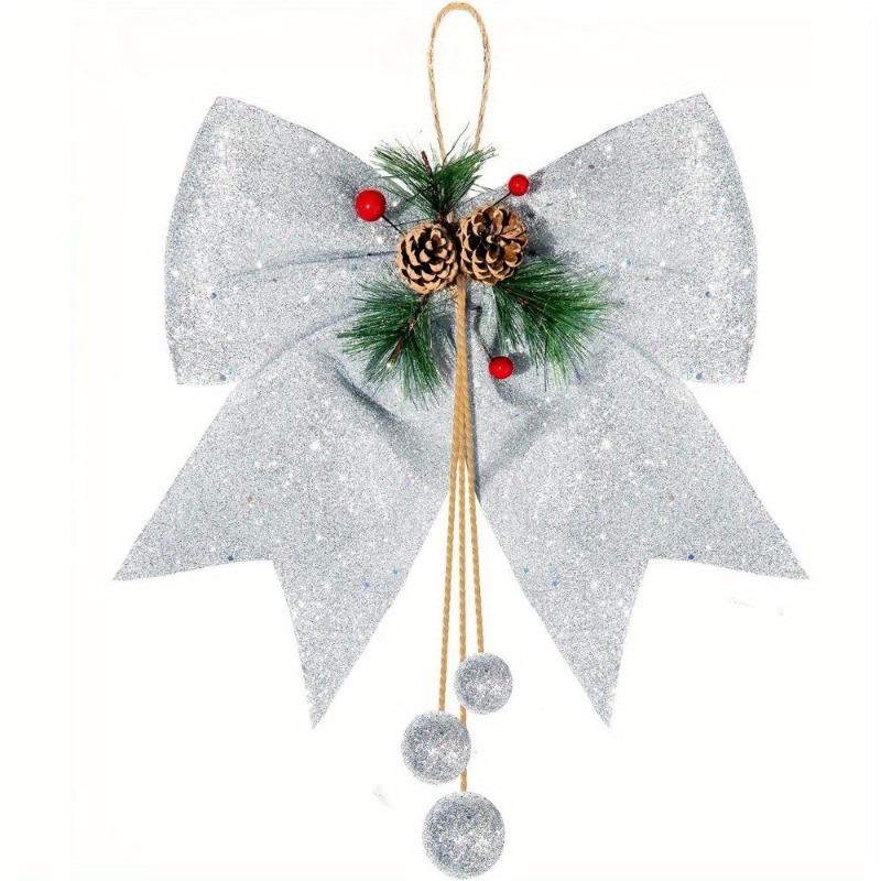 

Elegant Shiny Sequins Christmas Tree Topper Bow with Pine Cones Versatile DIY Holiday Decoration for Xmas Tree Wedding Parties серебряный
