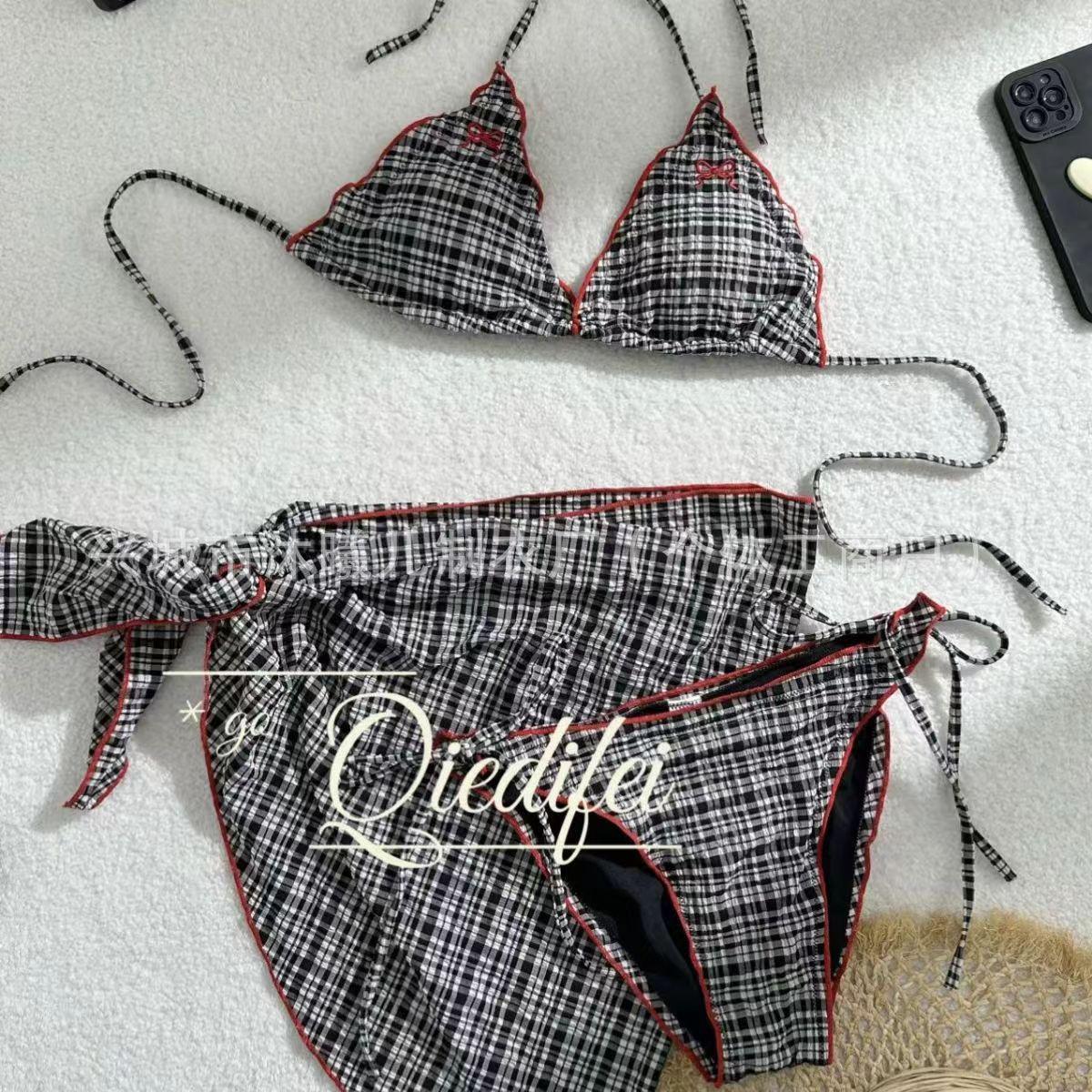 

Ретро Клетчатый Синий Набор Бикини - Милый, Сладкий, Купальник из 3 предметов для Женщин Large чёрный