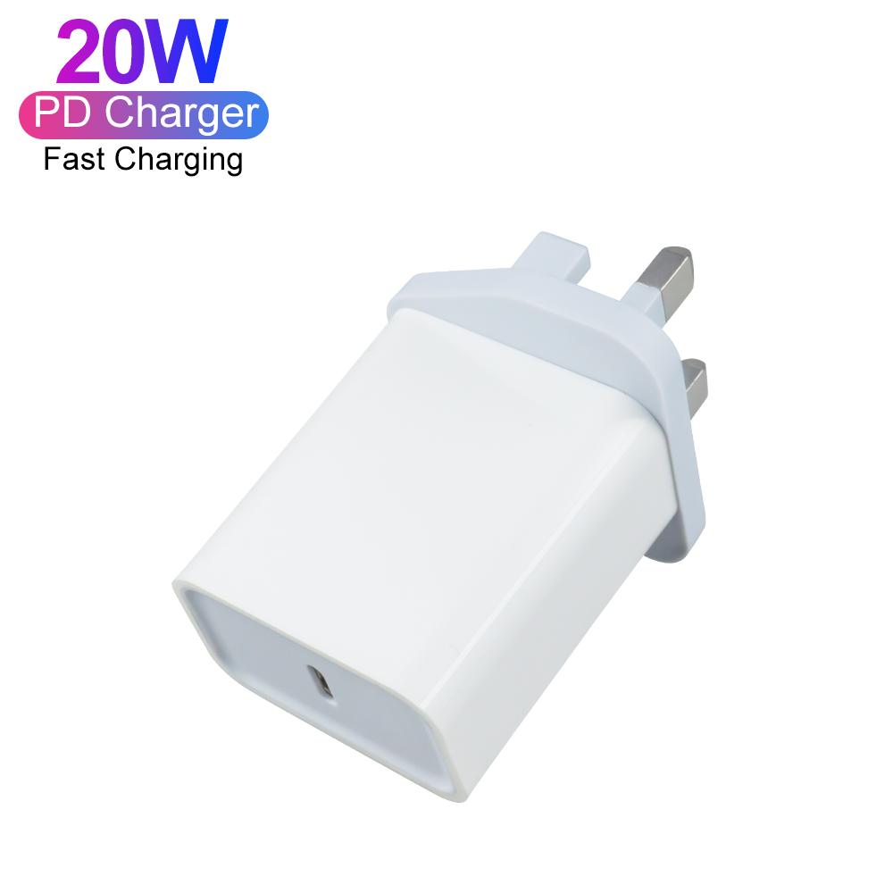 PD 20W Wall Power Adapter Charger Single USB Port Type C Smart Fast Charging Smart Phones ABS UK Plug UKCA