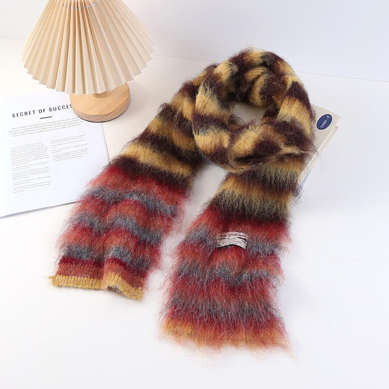 Thick Woolen Knitted Scarf Autumn Winter Rainbow Color Block Striped Versatile Anti-Cold Shoulder Wrap Scarf