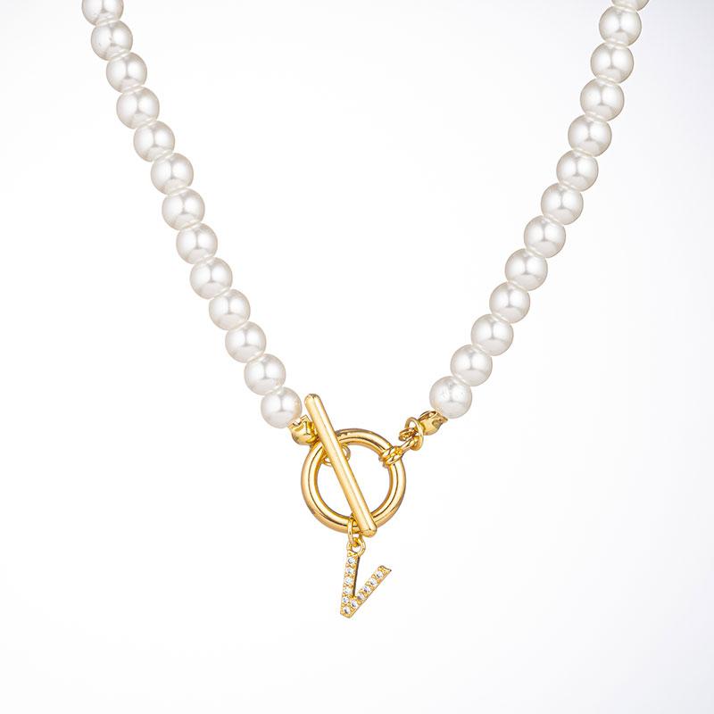 Zircon Crystal Initial A-Z Letter Pendant Necklace for Women Toggle Clasp Imitation Pearls Necklaces Wedding Jewelry Gift