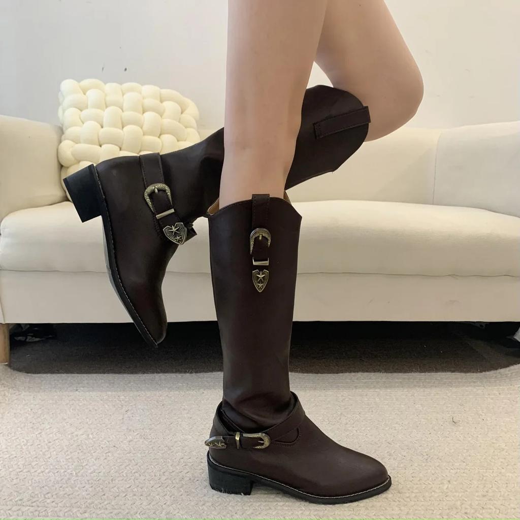 Klamra Paska Gruby Obcas Westerny Długie Kozaki 2024 Styl Brytyjski Szpiczasty Nosek Średni Obcas Kozaki Rycerskie Modne Wszechstronne Damskie Buty
