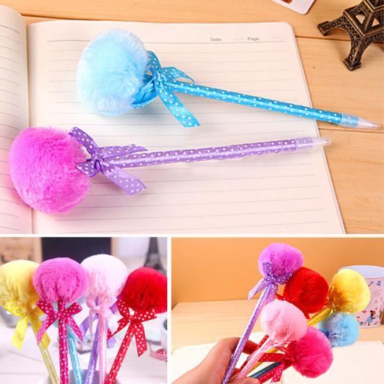 Cute Plush Faux Fur Pom Pom Bowknot Polka Dot Ballpoint Pen Student Stationery