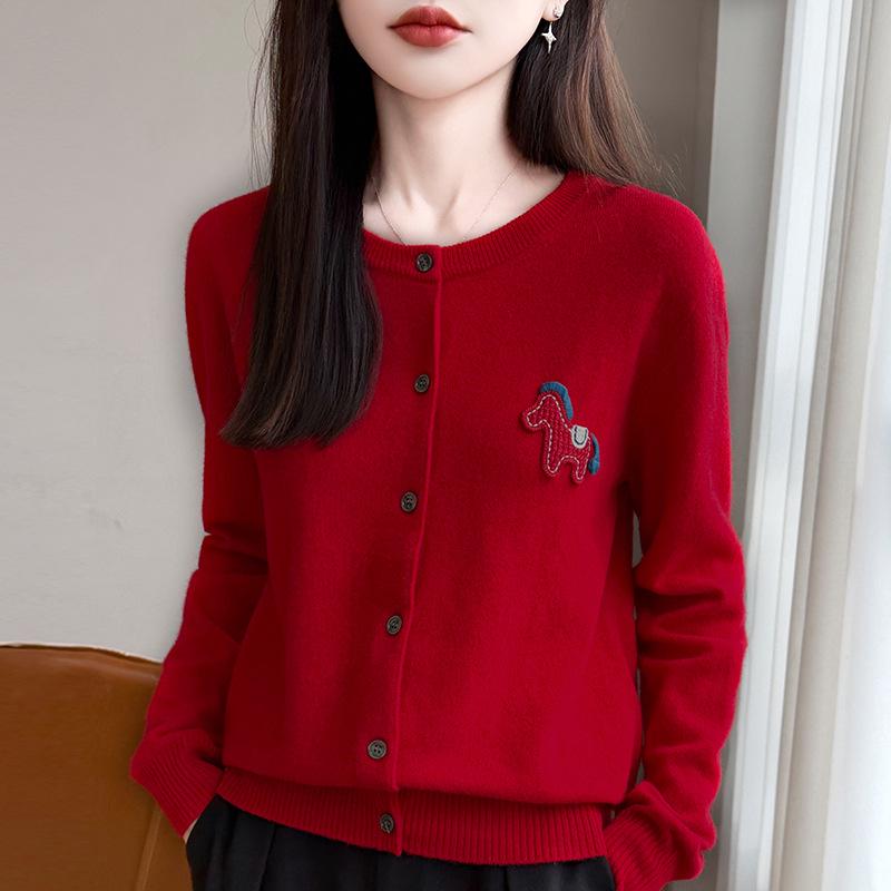 Andy Women's Cozy Cashmere Sweater Coat - Round Neck, Long Sleeve, New Year Horse Design, Age-Reducing Cardigan.