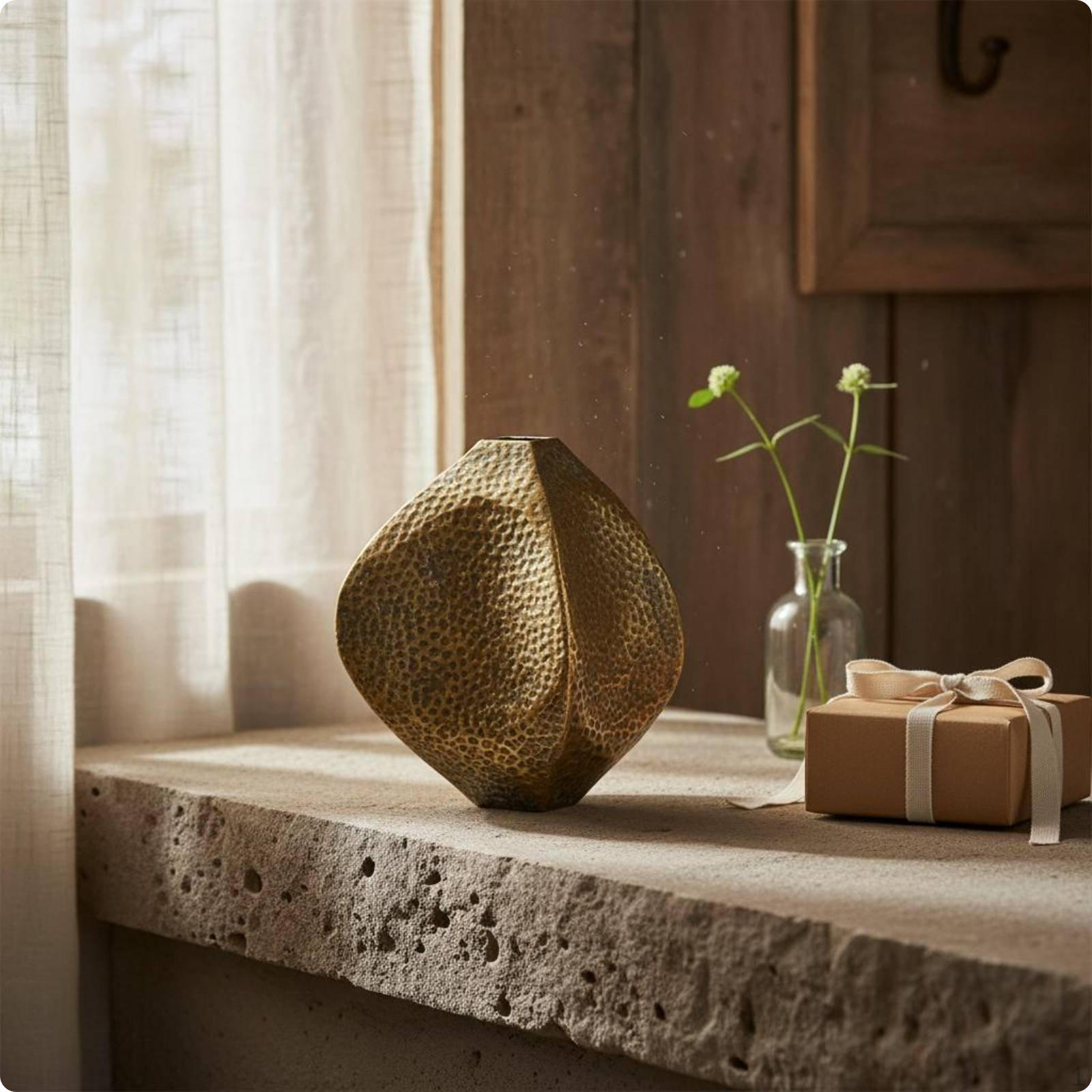 Hammered Metal Vase Textured Surface Diamond Artisanal Craftsmanship for Tabletop, Living Room,