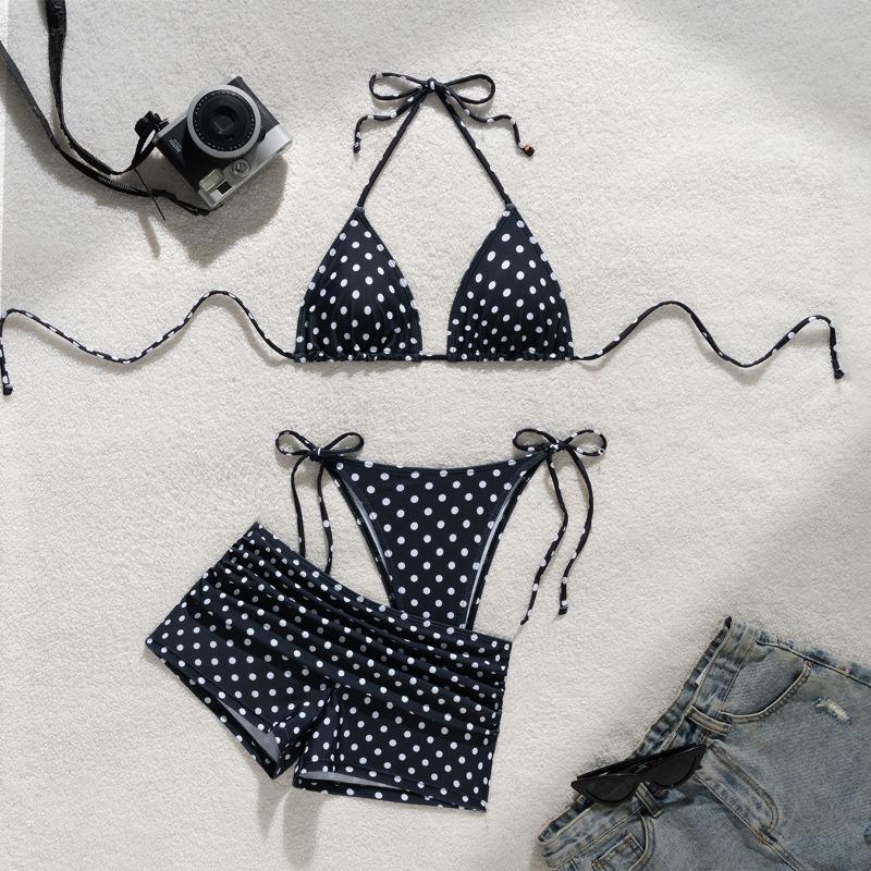 New Ladies Summer Beach Polka Dot Suspender Sexy Black Lace-Up Three-Piece Bikini Set