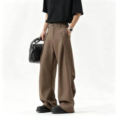 Old Qian Feng A-word pleated trousers men's spring and autumn American trendy brand pendant suit pants retro slightly elongated pants