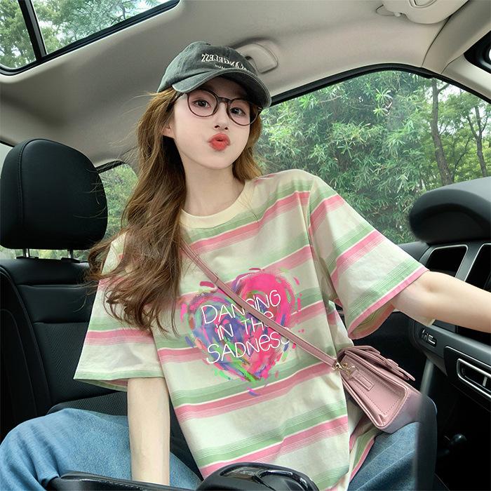 Women Striped Short Sleeve T Shirt Summer Contrast Color Round Neck Loose Mid Length Casual Sweet Slim Tee Tops