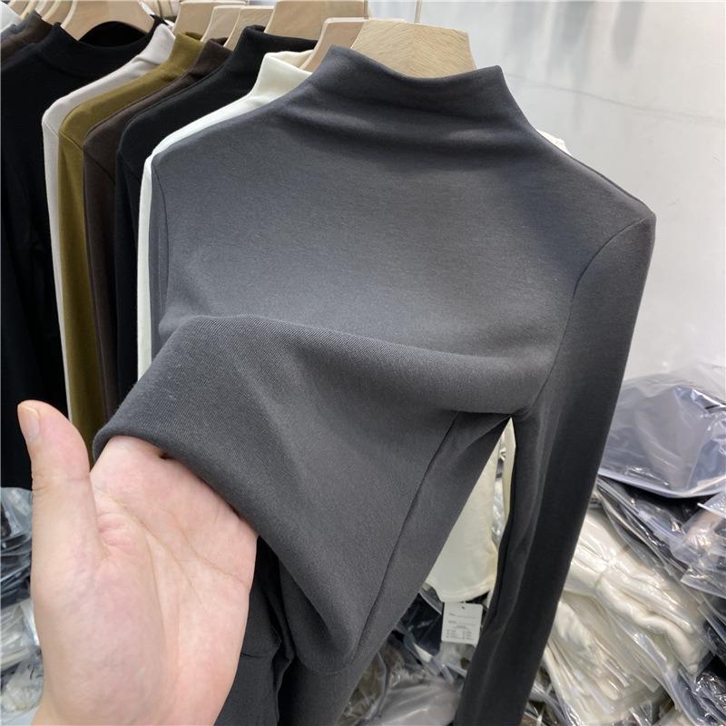 Autumn Half High Collar Slim Fit Plush Base Casual T-shirt Women Winter Long Sleeve Solid Velvet Women's T Shirt Elegant Retro Warm Lady Tee Top 25573