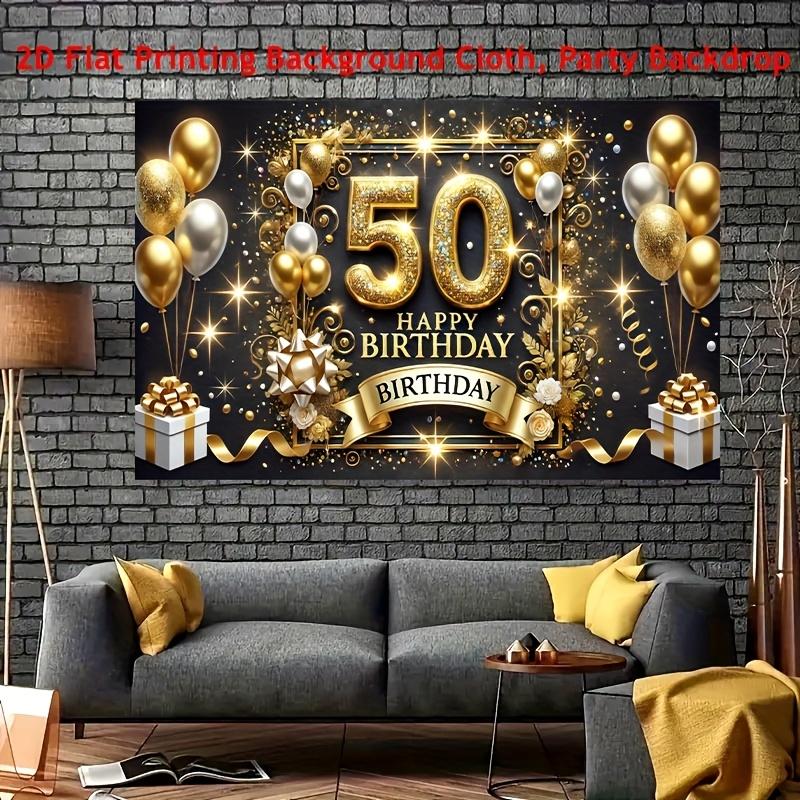 2D flach 1 Stück 50. Geburtstag Party Banner - goldener und schwarzer Polyester Hintergrund Geschenke und glitzernde Dekorationen