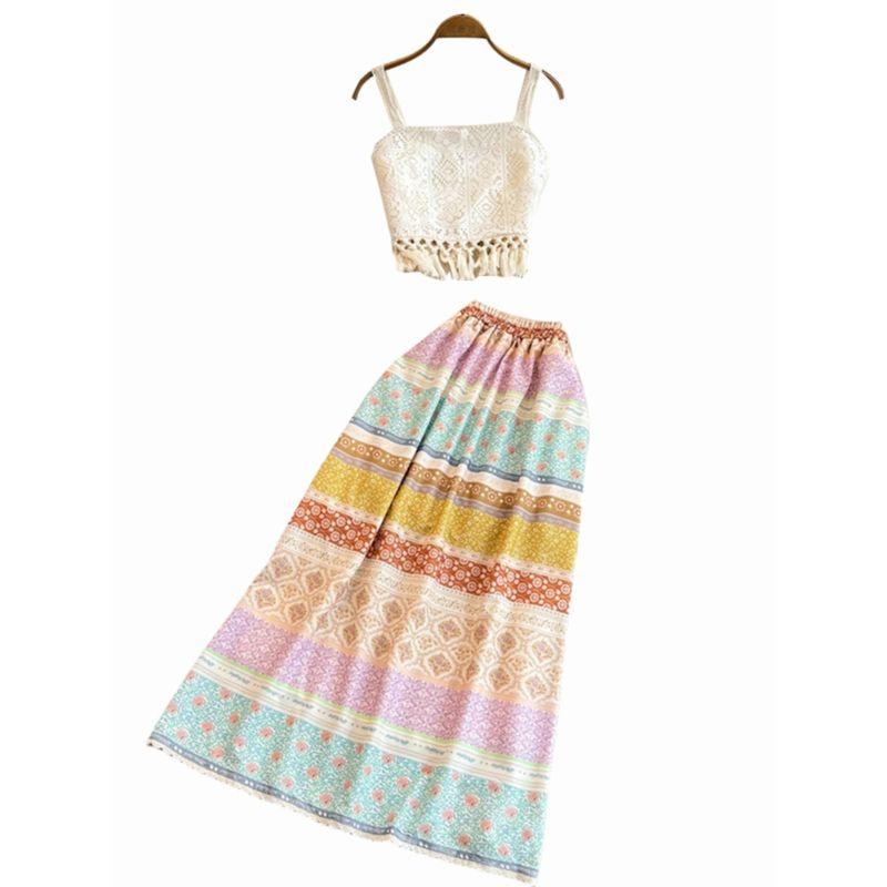 Bohemia Style Retro Tassel Suspender Tops High Waist Skirt Female 2024 New Arrival Summer Dopamine Suit