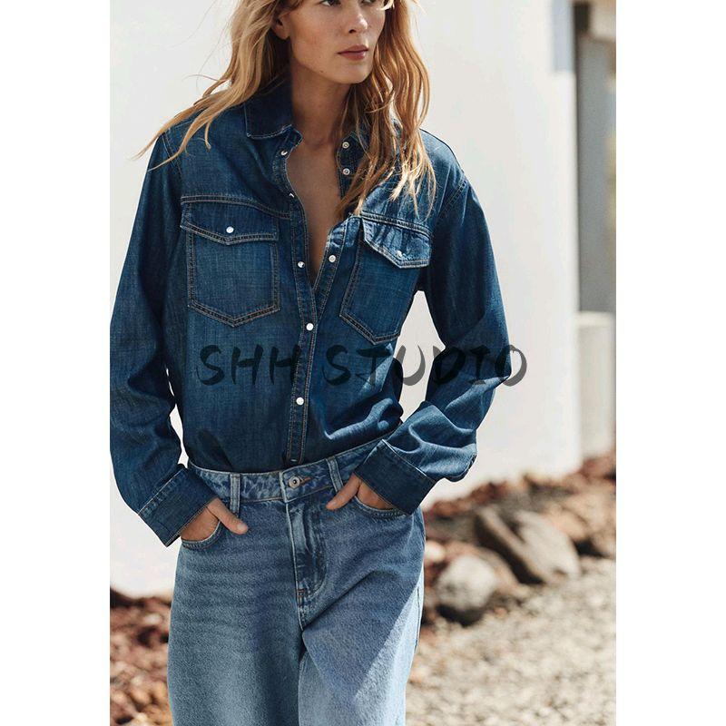 Spring New Women's Clothing Casual Single Row Multi-Buckle Retro Long Sleeves Lapel Denim Shirt Tops 7147027