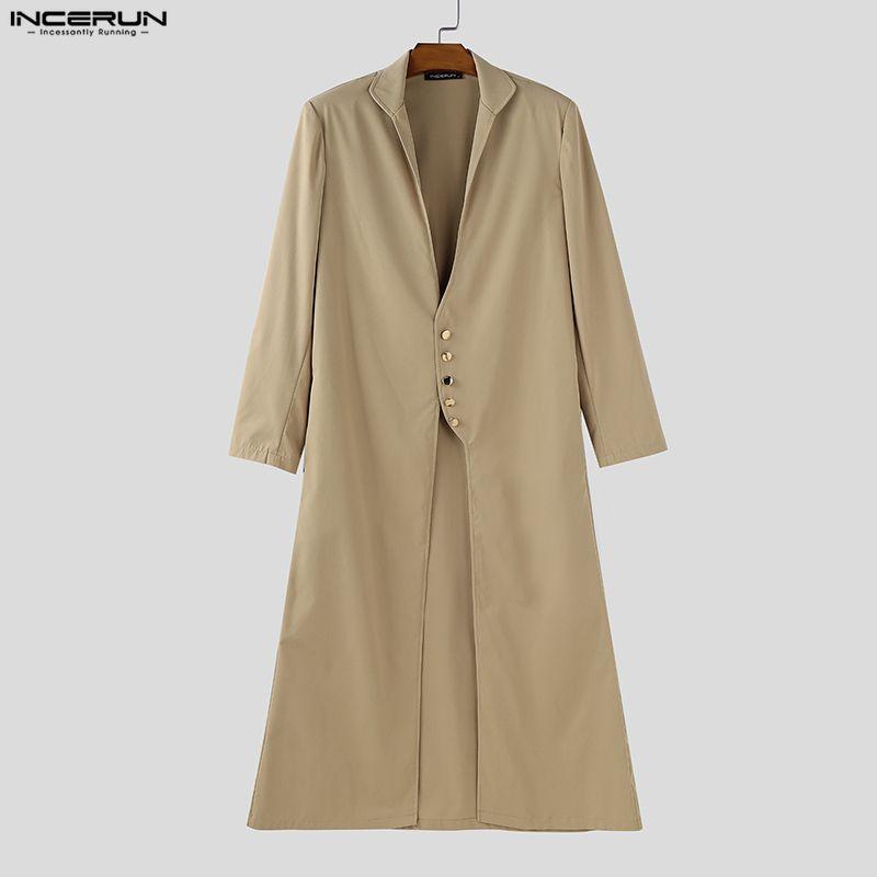 INCERUN Men Turn-down Collar Long Sleeve Button High Splits Long Cardigan Tunic Tops