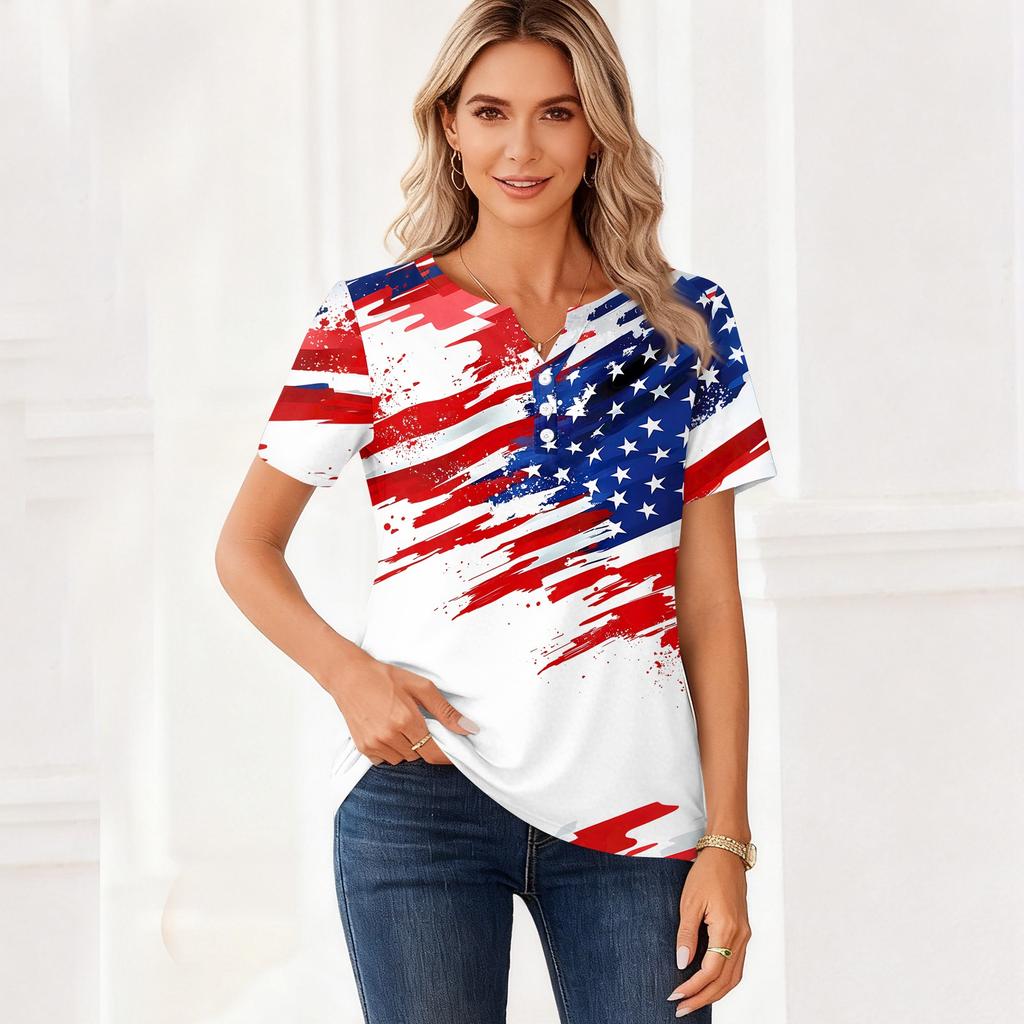 Women's T Shirt Independence Day Print Button Short Sleeve Daily Weekend Fashion Basic V- Neck Regular Top