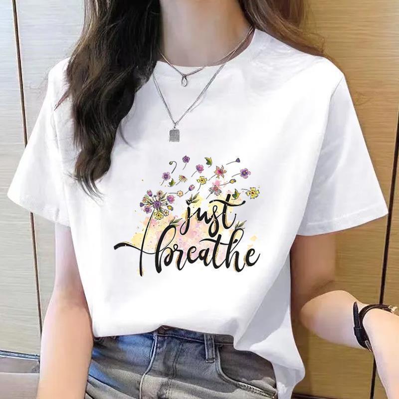 Korean Style Women's Floral Printed Short Sleeve T-Shirt, Round Neck, Casual Fashion for Youth