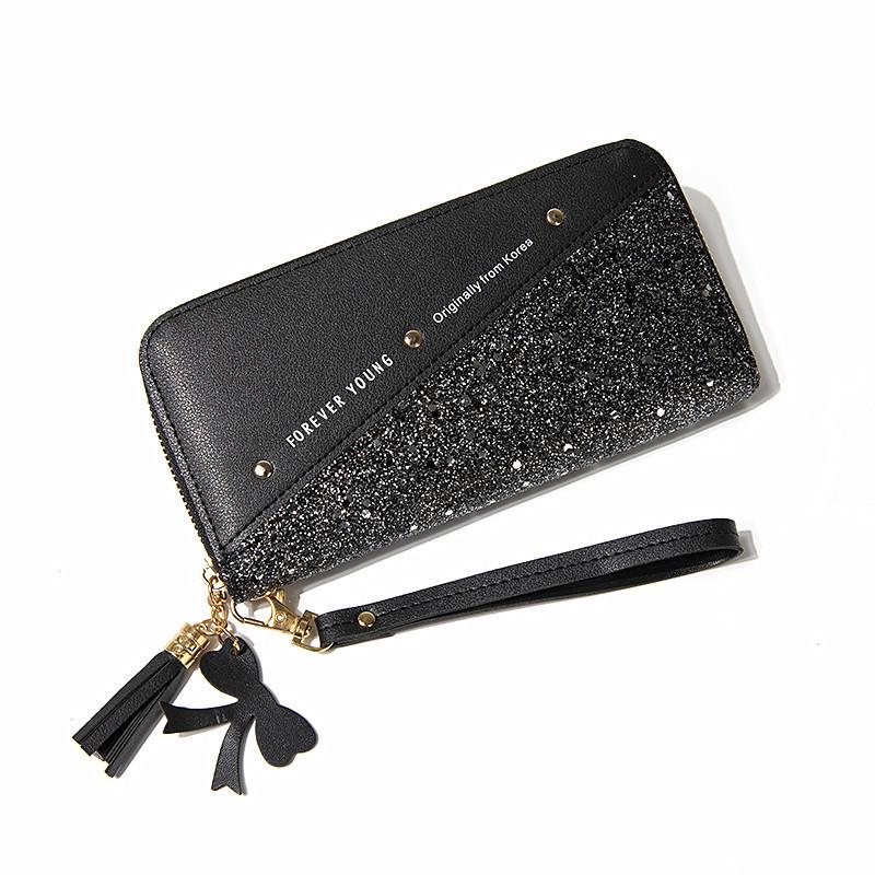 Women's Long Zipper Wallet: Korean Style Patchwork with Tassel & Rivet Phone Bag