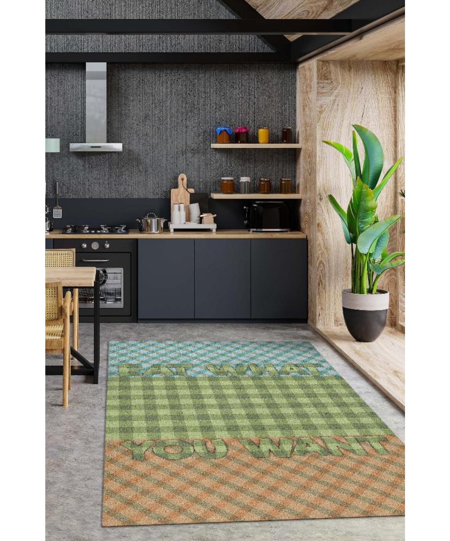 

Eat What You Want Cotton Woven Based Washable Non-Slip Decorative Kitchen Rug