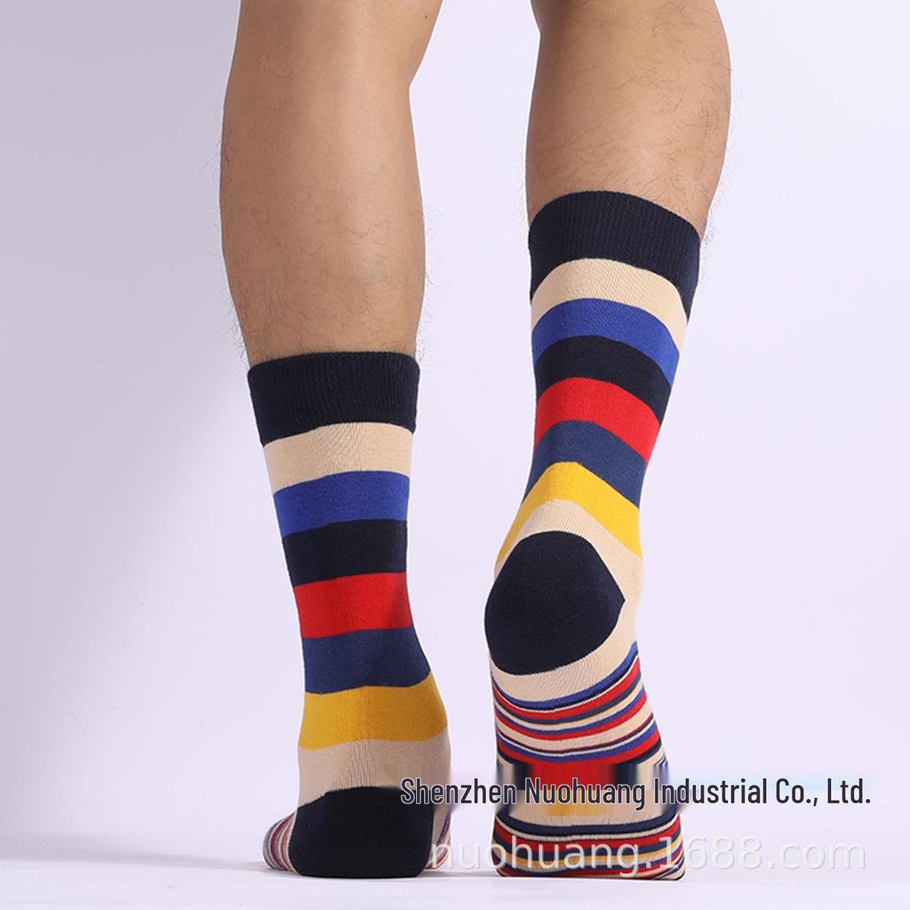 Plus Size Men's Trendy Mid-Calf Socks - Autumn/Winter Striped Cotton, European & American Style