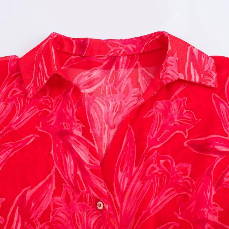 Kaslead New Arrival Women's Fashion Style Fashion All-Match Flower Print Transparent Shirt 8691137