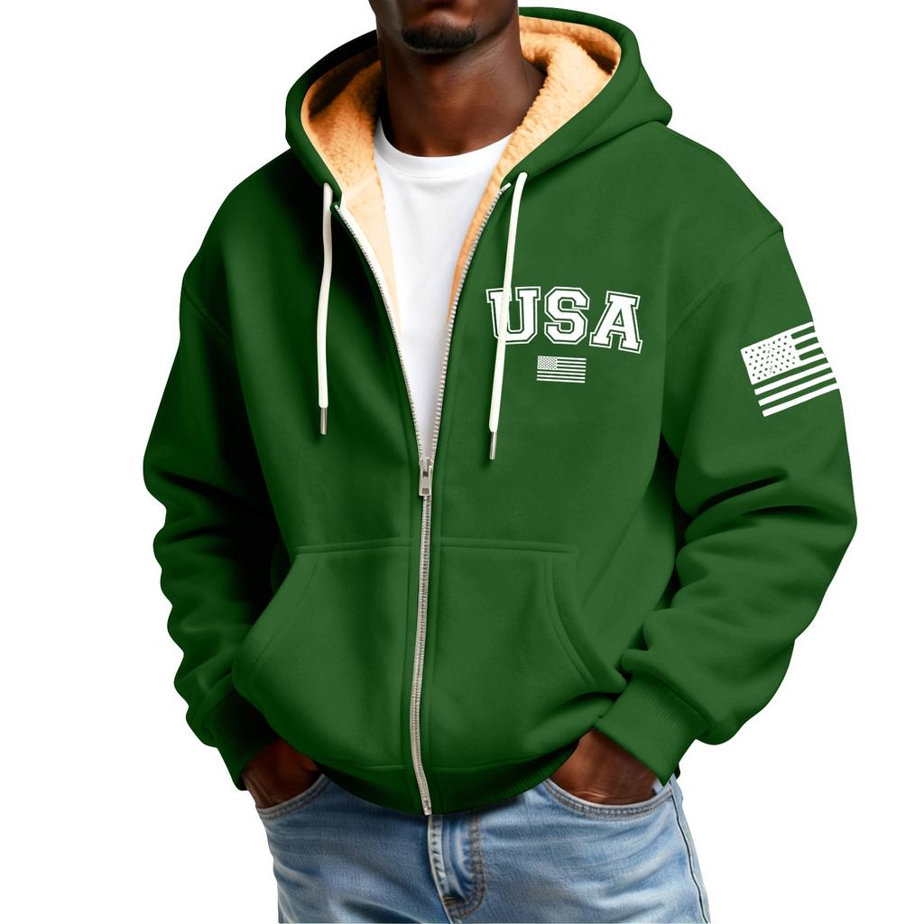Men's Flag Print Fleece-Lined Zip-Up Pocket Hooded Sweatshirt Cardigan Men's Casual Sweatshirt Cardigan