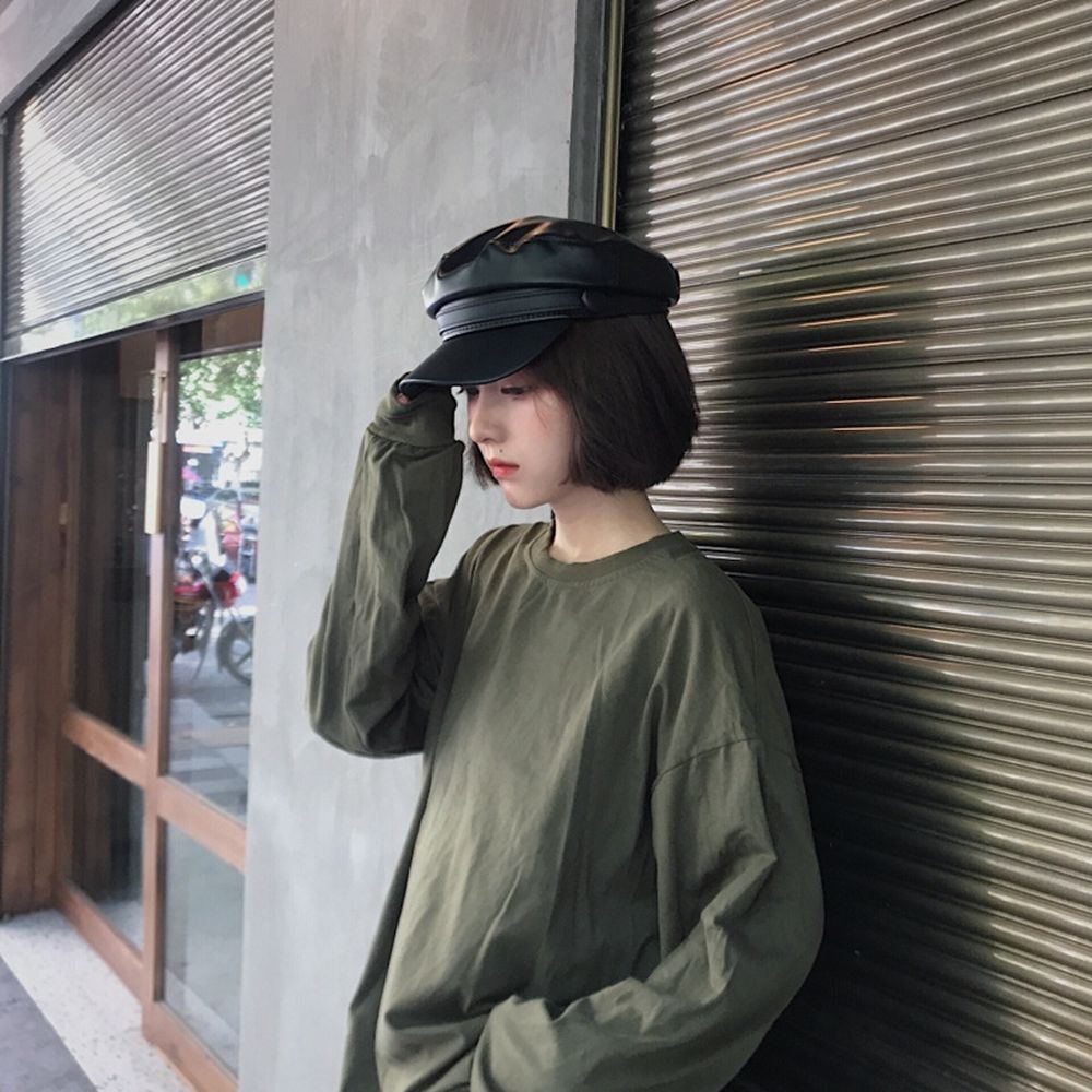 

Autumn Winter All-match PU Leather Pure Color Painter Hat Navy Hat Women Berets Korean Style Hat чёрный