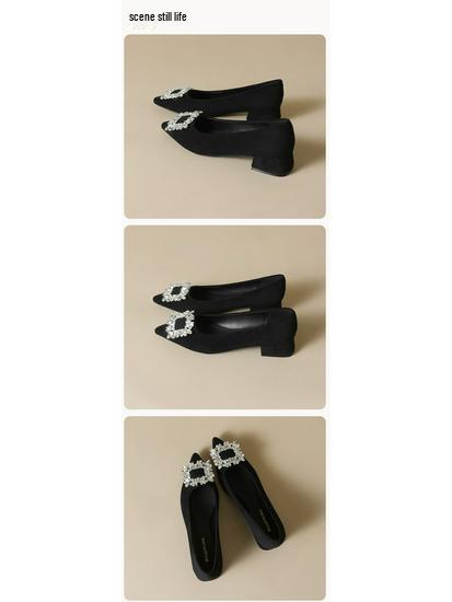 Weiwei Black Rhinestone Chunky Heel Pointed Toe Slip-On Flats for Women