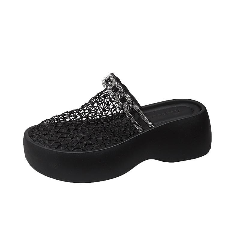 New Woven Mesh Breathable Diamond Strip Flat Bottom Outer Wear Bag Head Slippers Women's Summer Tide Fishing Net Shoes Half Slippers