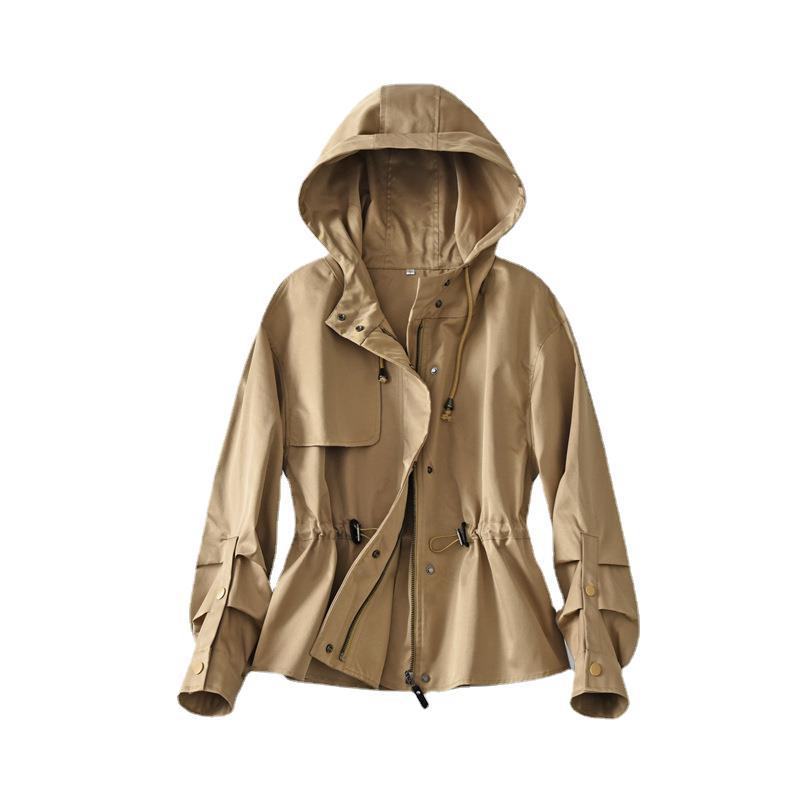 Design Hooded Trench Coat Women's, Spring and Autumn Women's, Short Small Khaki Spring and Autumn Coat Women's Clothing