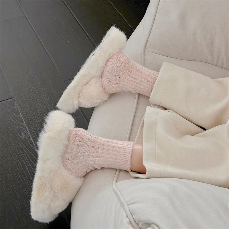 Autumn and Winter Wool Dot Yarn Socks, Women's Mid-calf Socks, Thickened Warm Vertical Striped Pile Socks, Home Sleep Socks