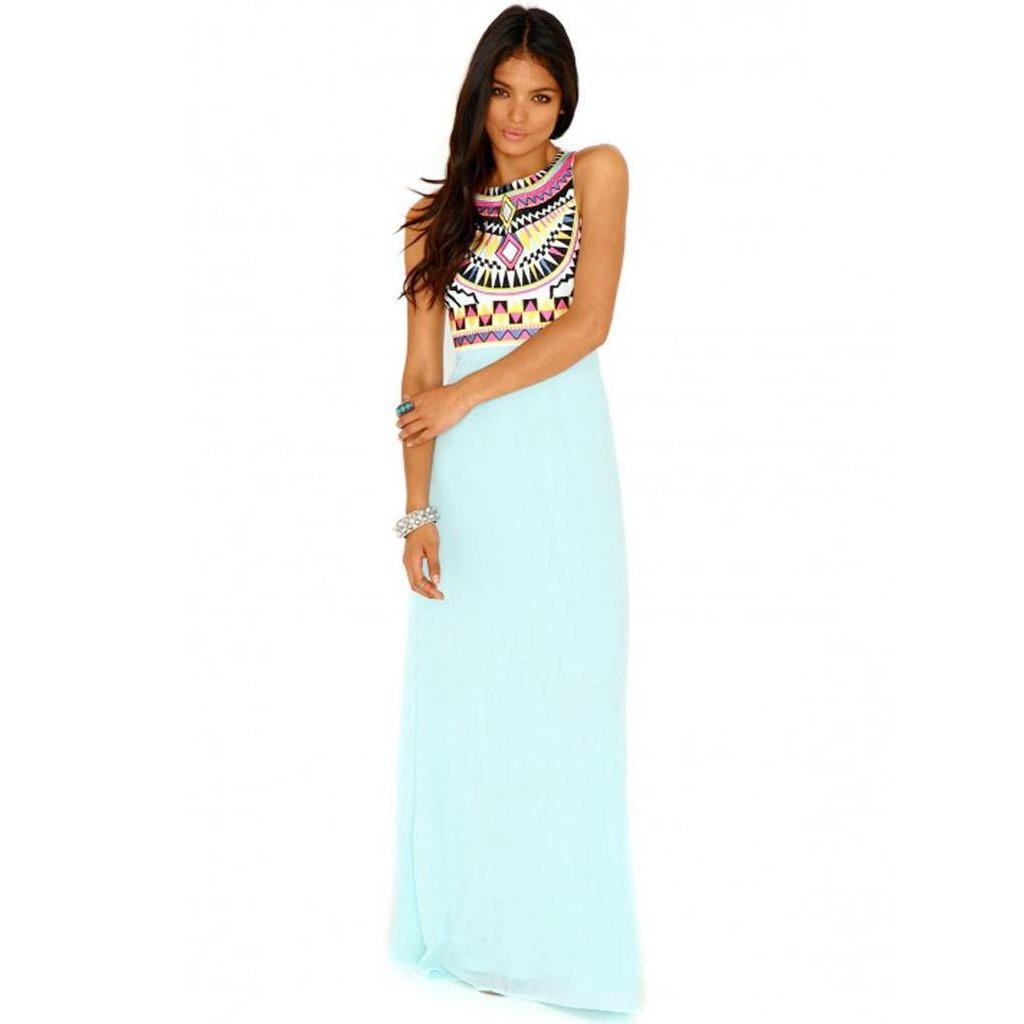 Elegant Women Round Neck Sleeveless Geometric Print Chiffon Dress Long Floor Length Stylish Casual Attire