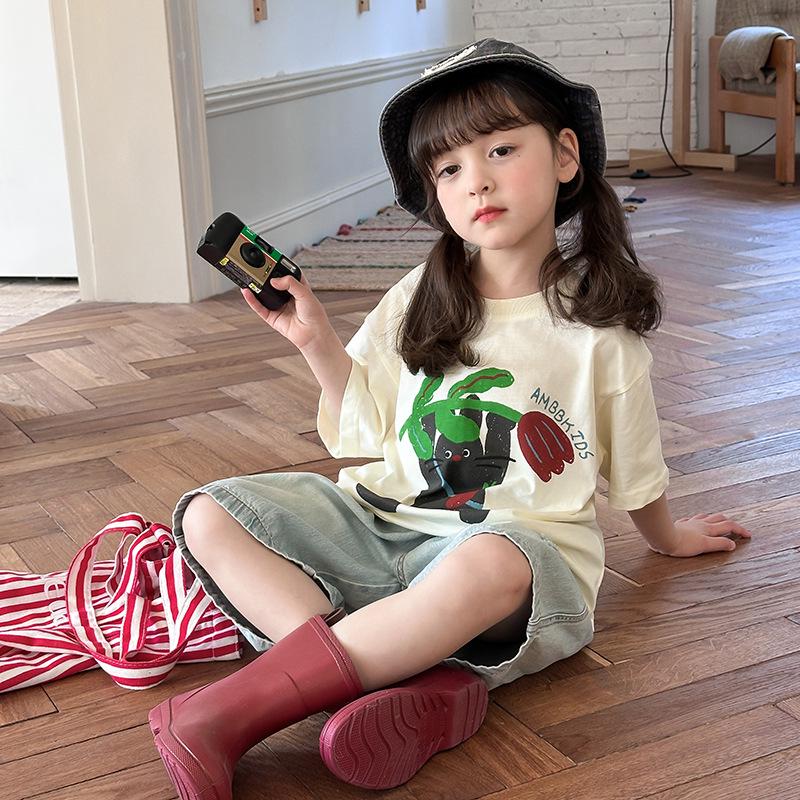 Summer Korean Cartoon Kids Loose Fit Girls T-Shirt - Short Sleeve & Breathable 130 cm бежевый