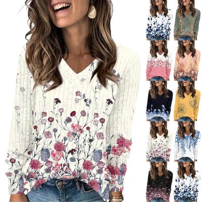 Modeinspirerad Oversized V-ringad T-shirt för Kvinnor Med Blommigt Tryck Långärmad Pullover Topp