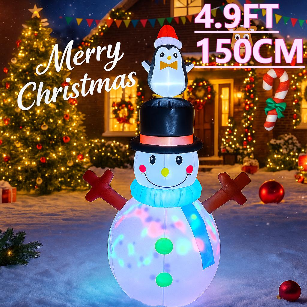 4.9FT LED Inflatable Xmas Yard Decor Snowman with Penguin Hat Christmas Toy Gift Home Decoration Ornament Festive Supplies Decor
