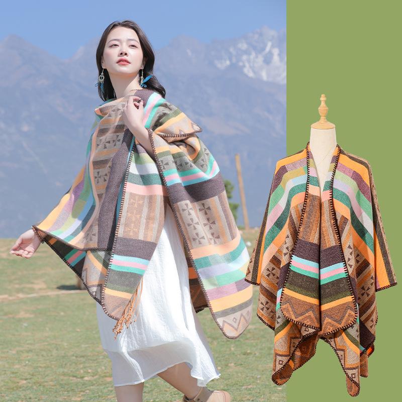 Spring Autumn New Artistic Retro Ethnic Style Waist Shawl Women's Fashion Warm Geometric Puzzle Split Scarf