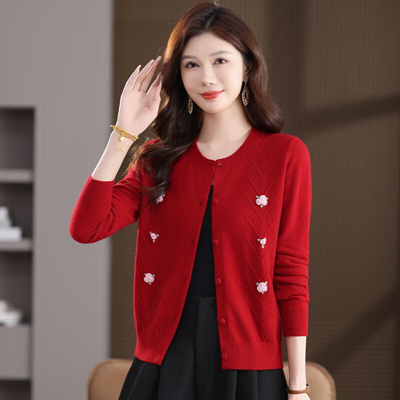 Women's 100% Pure Wool Embroidered Round Neck Cardigan