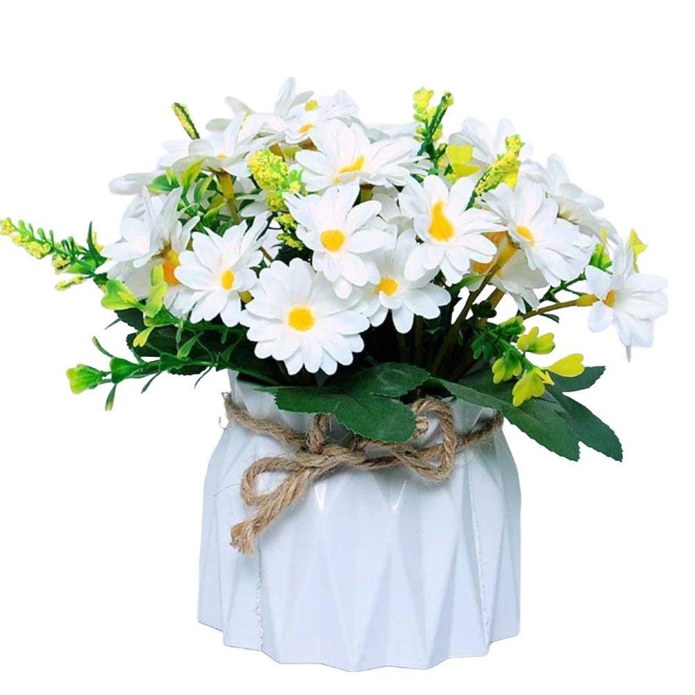 Silk Artificial Flowers In Decorative Pot For Home Décor, Customizable Faux Floral Display 17cm Overall Height, White Orang Red