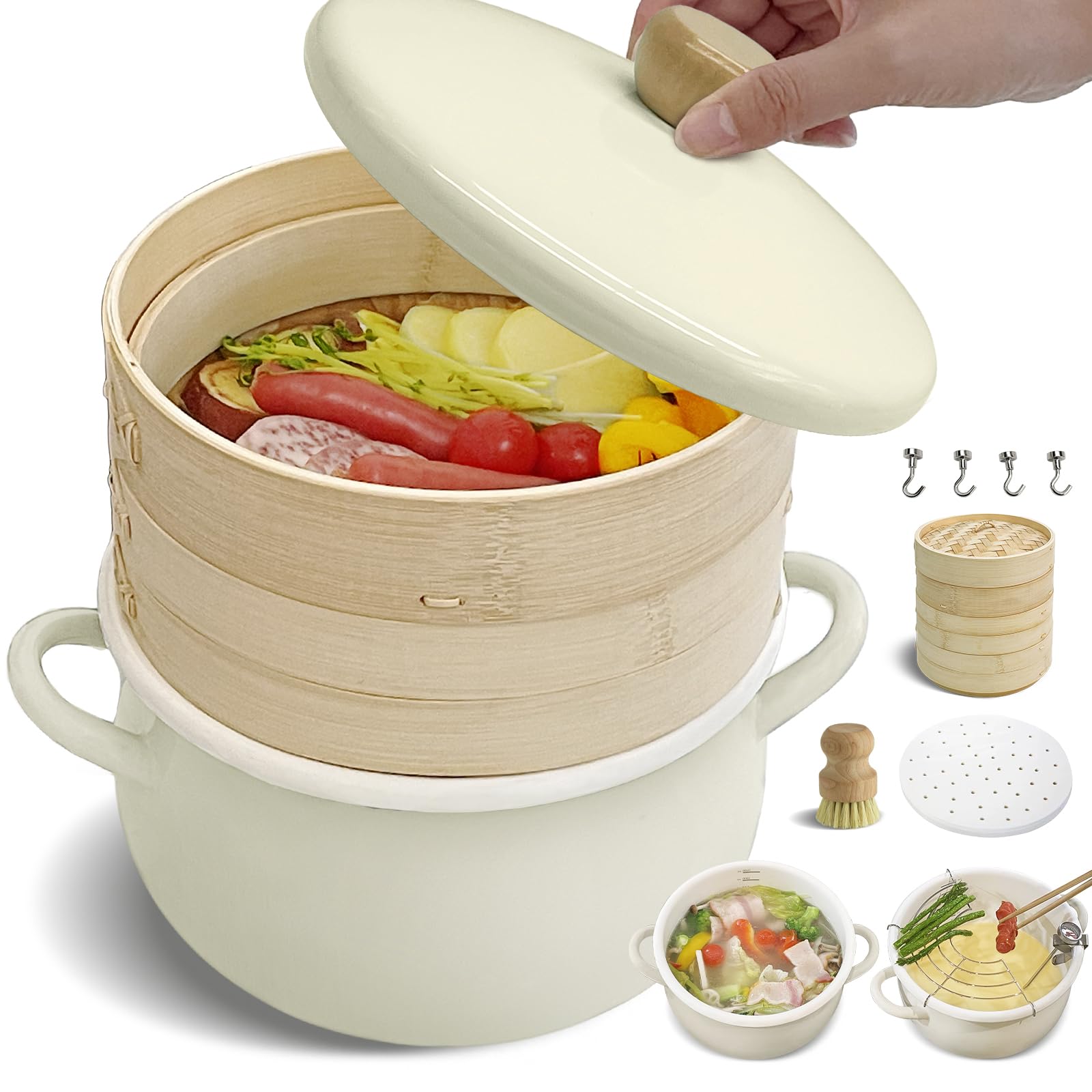 

DQ CORAL Gas 22cm Greige Enamel Pot with Steamer 21cm Set with Enamel Perfect for Deep and Other Hot Pot Handcrafted by Artisans for Healthy