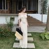 Sexy Gentle Wind Apricot Long Dress Summer Off-the-shoulder Waist and Thin Temperament Dating Vacation Long Dress Women's Clothing