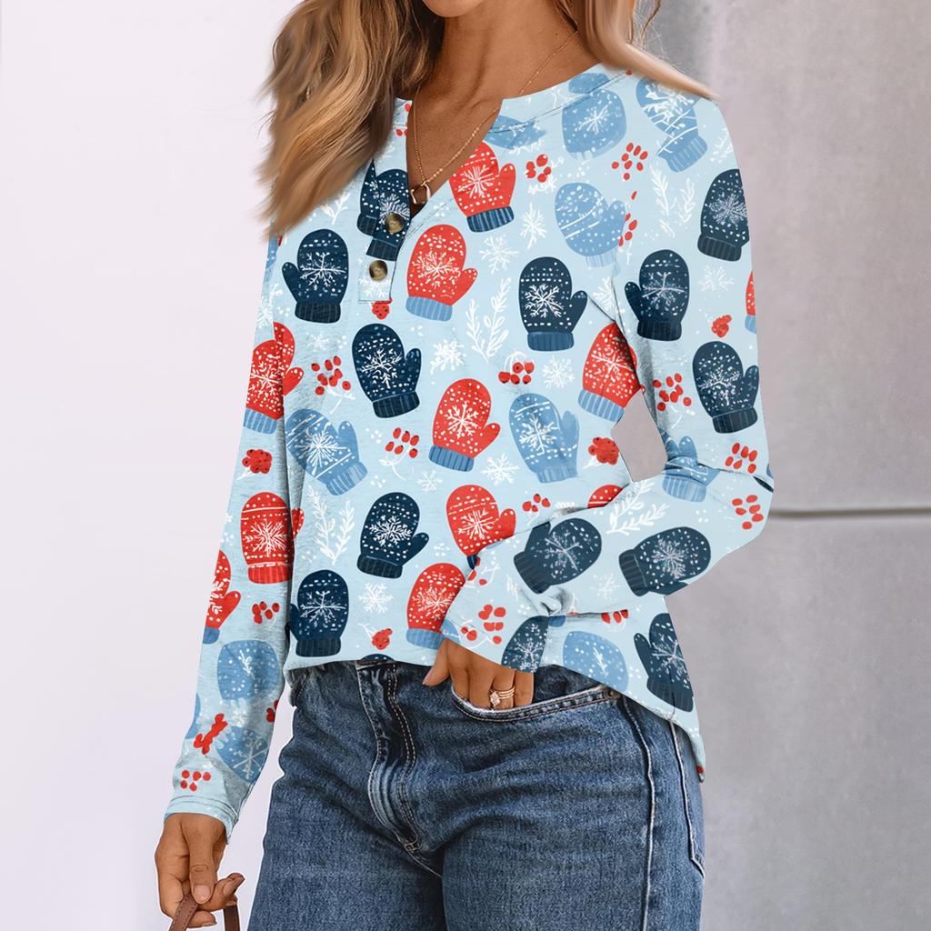 Women's Christmas Print Long Sleeve Shirt Elegant Casual Holiday Top