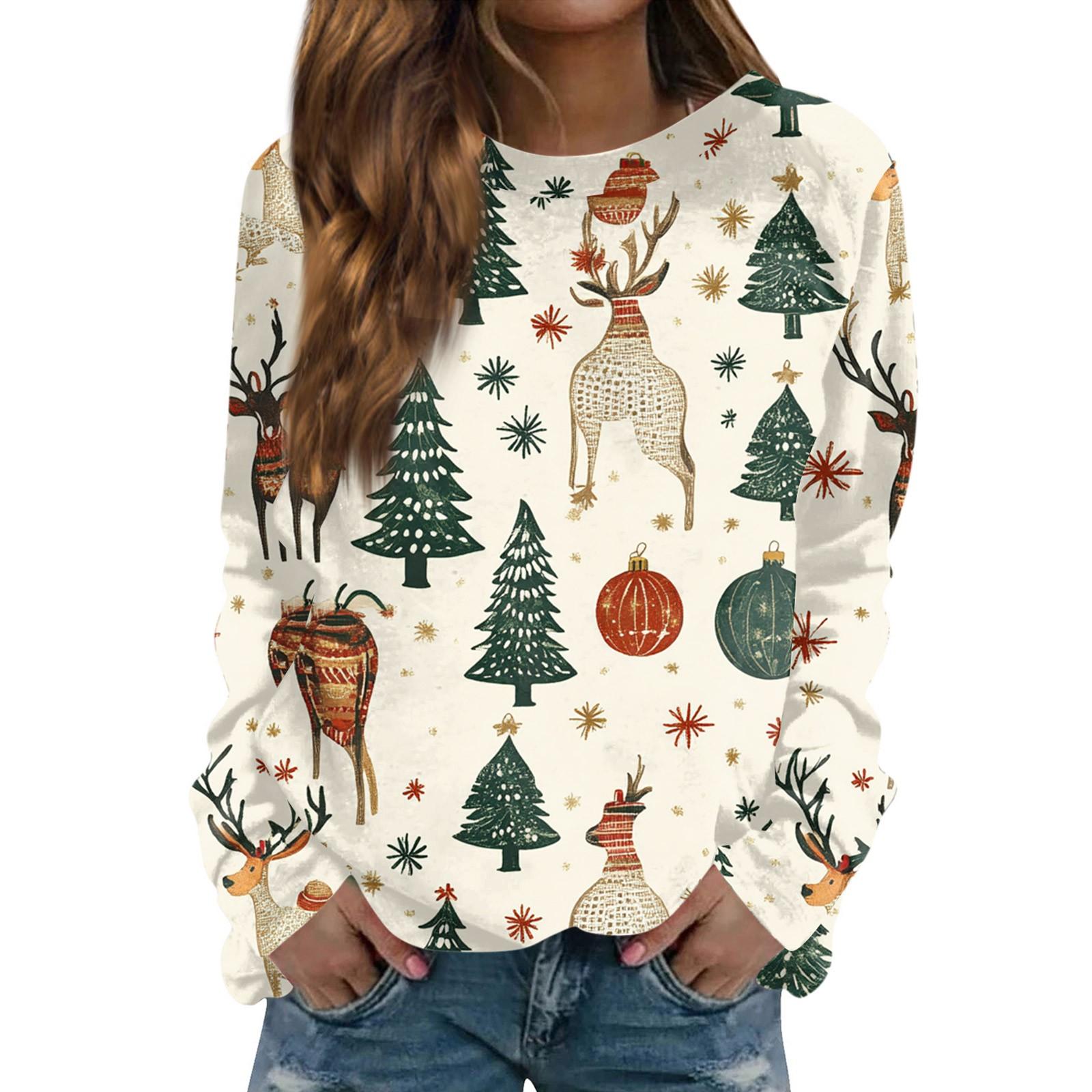 

Женская повседневная мода с принтом рождественской елки и круглым вырезом с длинными рукавами XXXXXL белый