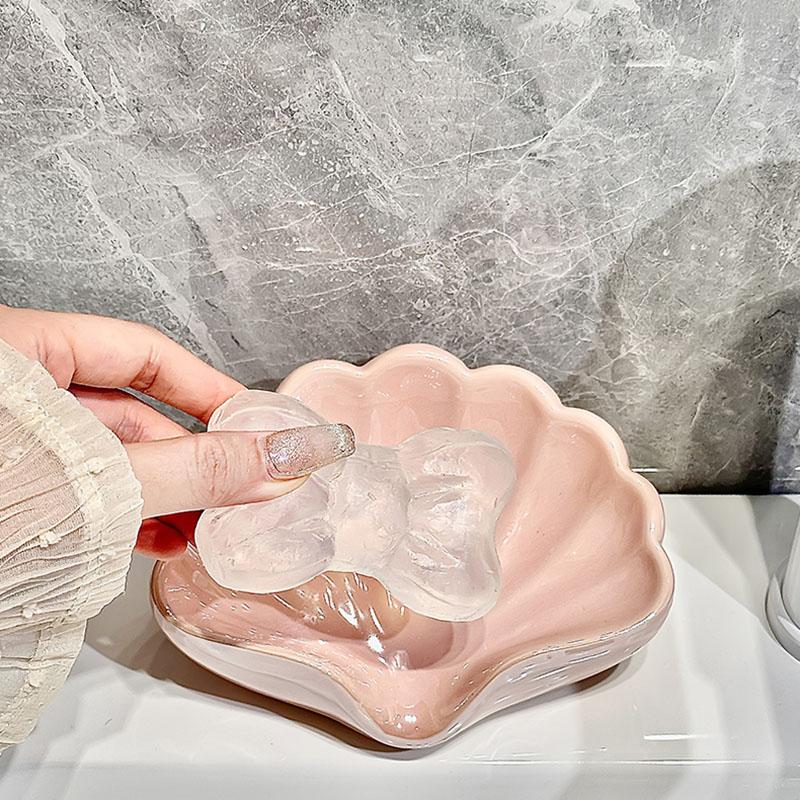 Shell Shaped Ceramic Soap Dish - No Drilling Required Drain Rack, Pearl Glaze Bathroom Countertop/Sink Decoration - Jewelry Tray