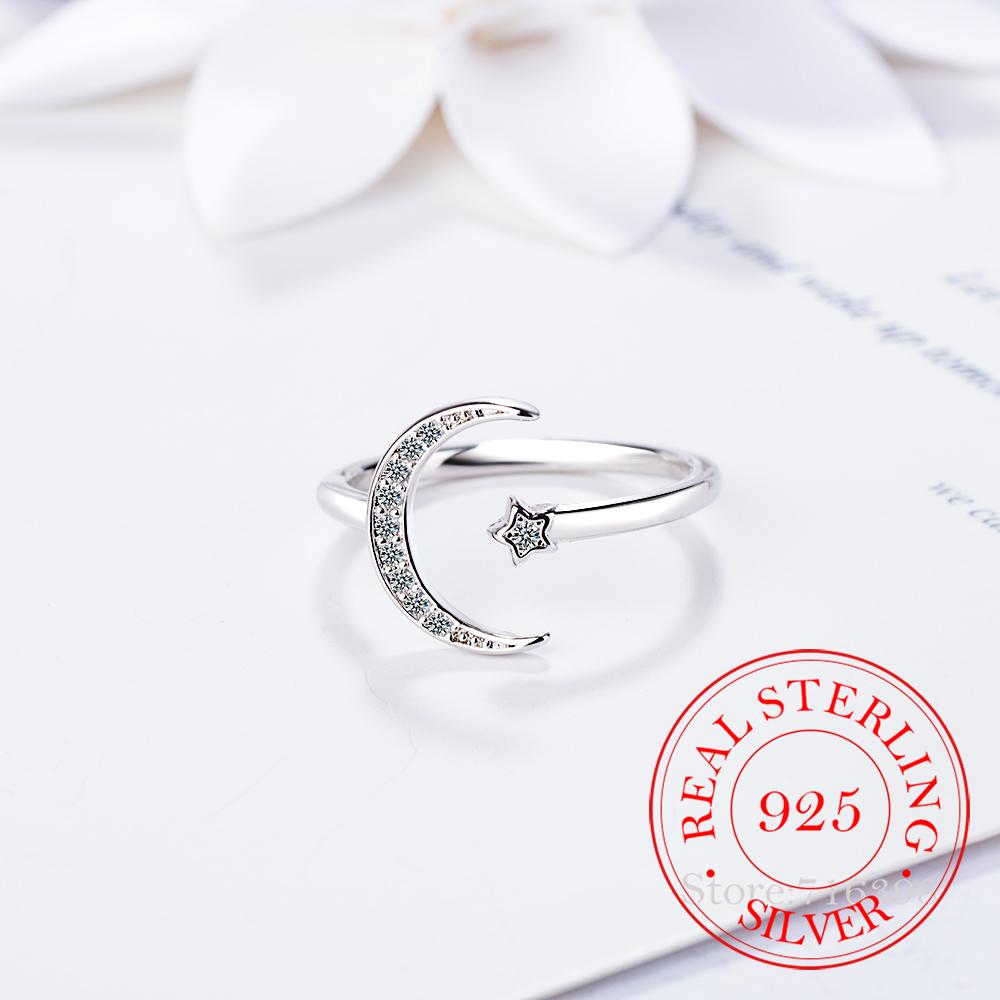 100% 925 Solid Real Sterling Silver Fine Jewelry Moon Star CZ Cocktail Opening Ring Sizable For Women Girl Gift